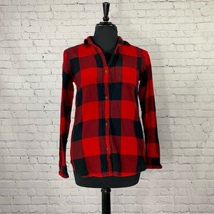 Old Navy red and black plaid button up, size tall small